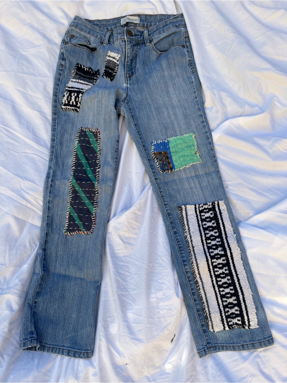 Upcycled Patchwork jeans Aztec boho straight leg light wash one of a kind